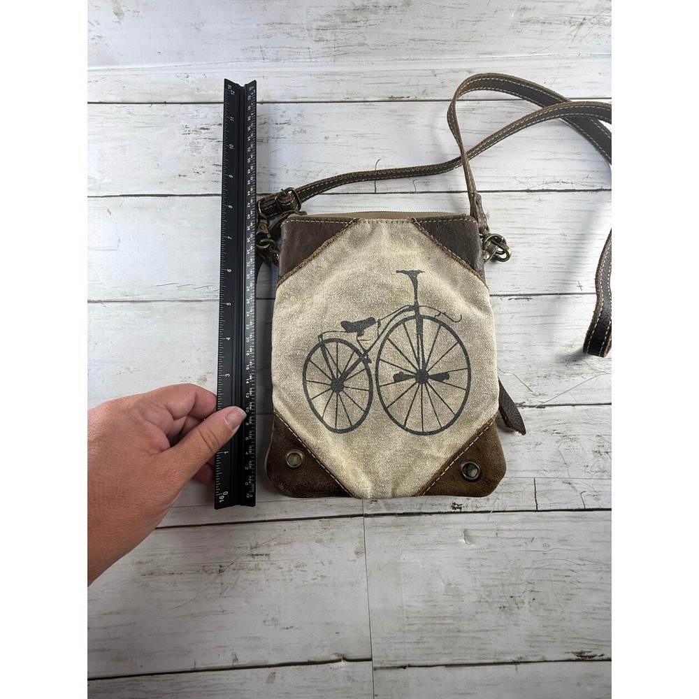 Myra Bag Canvas Leather Crossbody Pouch Vintage Bicycle Graphic Brown Small Bag